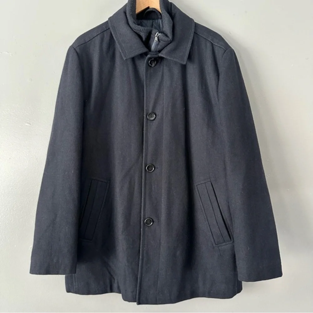 Towne by London Fog Wool Blend Quilted Zip and Button Up Coat |‎ Navy Blue